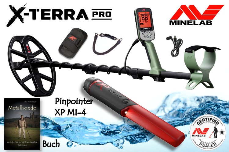 Minelab X-Terra PRO Ausrüstungspaket I (Metalldetektor & Pinpointer XP MI-4 & Schatzsucherhandbuch)